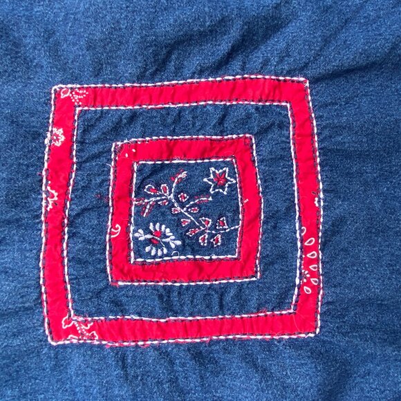 Vintage Denim Patchwork Red Bandana Jean Jacket Western Cowgirl Paisley Rodeo-XL - Picture 8 of 15